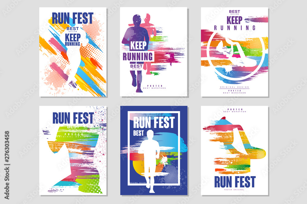 Run fest posters set, sport and competition concept, running marathon, colorful design element for card, banner, print, badge vector Illustrations