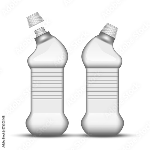 Blank Universal Cleaner Plastic Bottle Vector. Closed And Opened Bottle For Cleaning Substance For Polishing Wooden Furniture Chemical Liquid. Template Detergent Container Realistic 3d Illustration