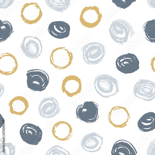 Creative seamless pattern with gray and brown round paint marks on white back...