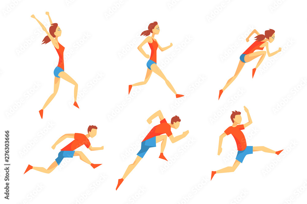 Flat vector set with energetic man and woman in running action. Athletes in sportswear. Professional runners. Active sport people