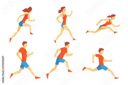 Flat vector set of people in running action. Professional athletes. Runners in sportswear. Active and healthy lifestyle