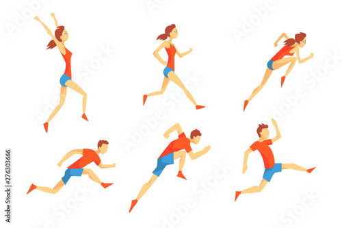 Flat vector set with energetic man and woman in running action. Athletes in sportswear. Professional runners. Active sport people