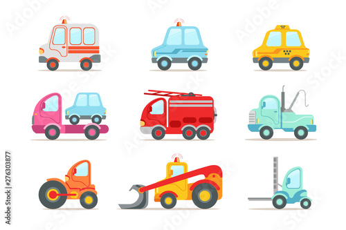 Flat vector set of different types of vehicles. Semi trailer  tractors  lorry  truck with tank. Transport or car theme. Heavy machinery