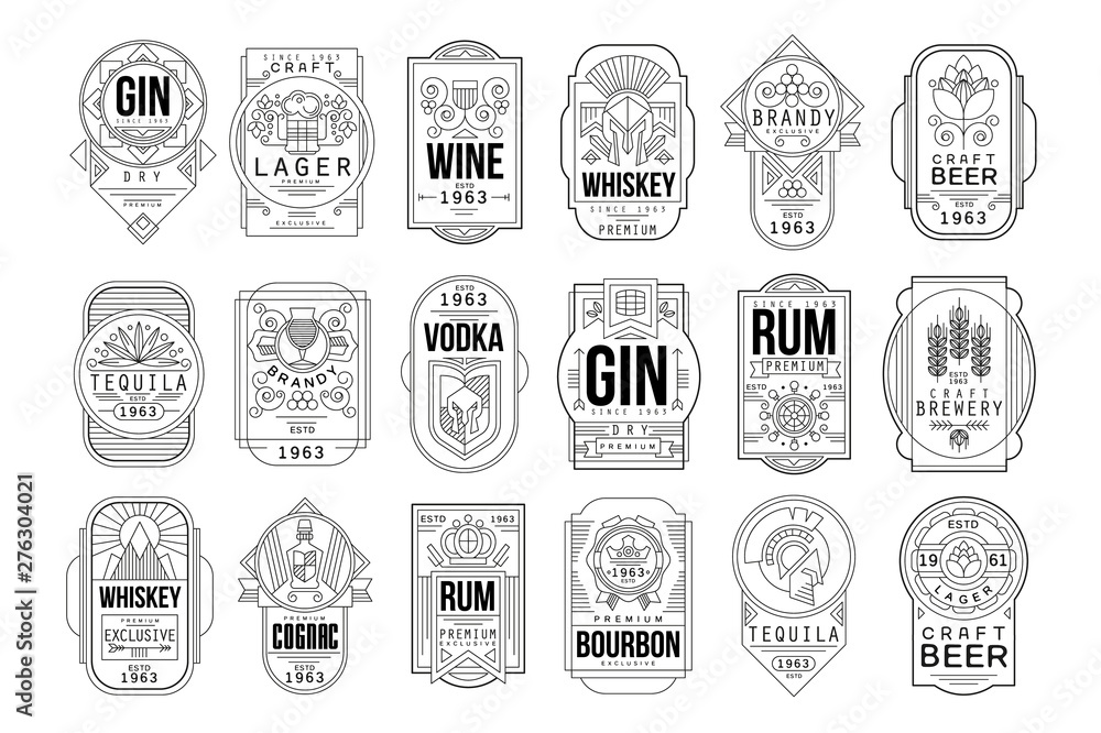 Alcohol labels set, retro alcohol industry monochrome emblem vector Illustration on a white background