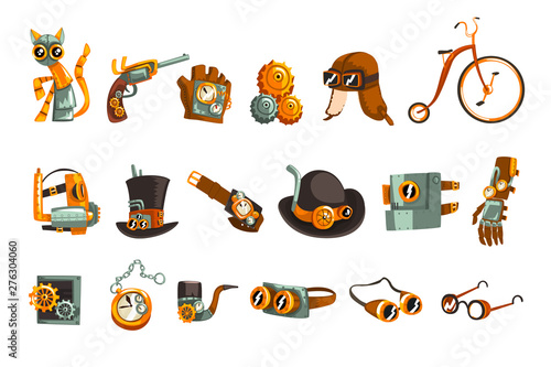 Steampunk objects and mechanism set, antique mechanical devices, clothing with gears vector Illustration on a white background