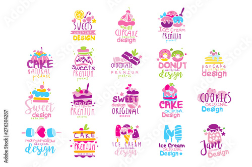 Sweets logo original design set, kids menu badges, natural organic food hand drawn vector Illustrations on a white background