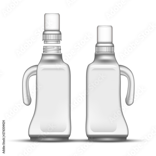 Blank Bleach Plastic Bottle With Handle Vector. Closed And Opened With Tall Cap Bottle For Soft Potash Dry Soap Or Wash Powder. Package For Laundry Detergent Realistic 3d Illustration