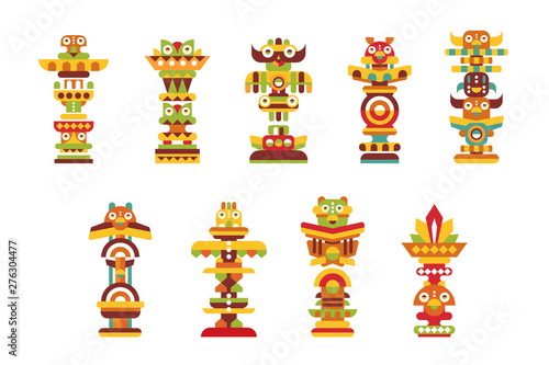 Religious totem set, colorful native cultural tribal symbols vector Illustrations on a white background