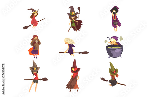 Flat vector set of young witches in different actions. Flying on brooms, cooking potion and posing. Girls in cone hats and capes with hoods
