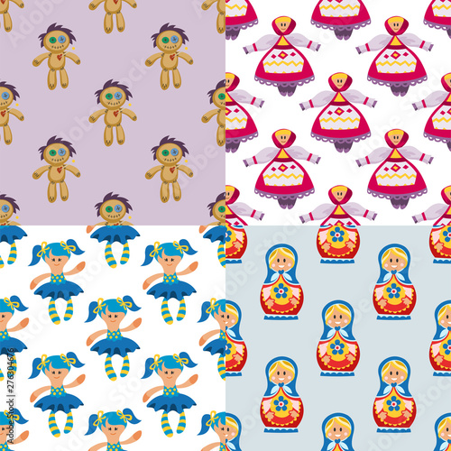 Fototapeta Naklejka Na Ścianę i Meble -  Different dolls toy character game dress seamless pattern background farm scarecrow rag-doll vector illustration