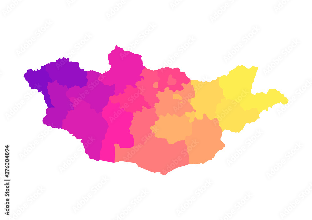 Vector isolated illustration of simplified administrative map of Mongolia. Borders of the regions. Multi colored silhouettes Vector isolated illustration of simplified administrative map of Mongolia. Borders of the regions. Multi colored silhouettes