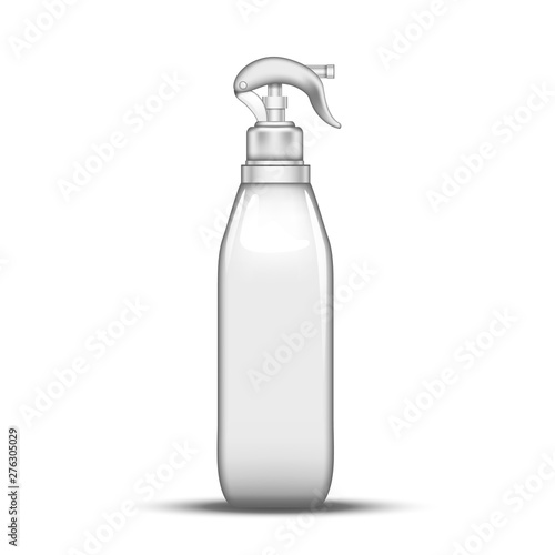 Plastic Atomizer Bottle Pulverization Water Vector. Transparent Glass Bottle Spray Lance With Trigger For Cleanliness Liquid. Refillable Package Device For Scour Fluid Realistic 3d Illustration
