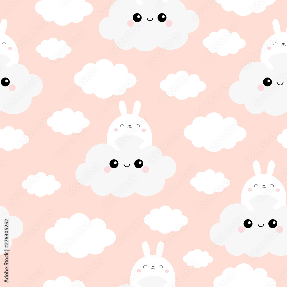 Seamless Pattern. Rabbit bunny face holding cloud in the sky. Cute cartoon kawaii funny smiling baby character. Nursery decoration. Wrapping paper, textile template. Pink background. Flat design.