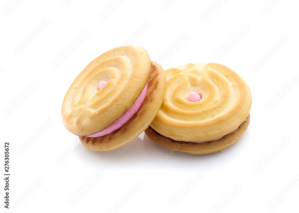 sandwich cookies with strawberry cream on white background sandwich cookies with strawberry cream on white background
