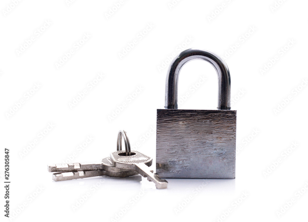 Metal padlock with keys on a ring isolated on white background Metal padlock with keys on a ring isolated on white background