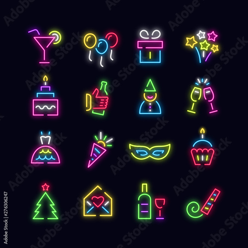 Party neon vector icons. Bright festive signs
