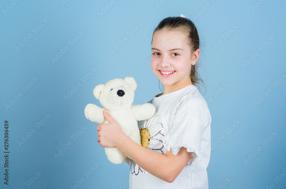 Imaginary friend. Little girl play with soft toy teddy bear. Child care. Sweet childhood. Childhood concept. Lovely small girl smiling happy face with favorite toy. Best friends. Happy childhood Imaginary friend. Little girl play with soft toy teddy bear. Child care. Sweet childhood. Childhood concept. Lovely small girl smiling happy face with favorite toy. Best friends. Happy childhood