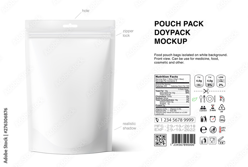 Pouch bags mockup with nutrition facts isolated on white background. Vector illustration. Front and rear views. Can be use for template your design, presentation, promo, ad. EPS10. - obrazy, fototapety, plakaty 