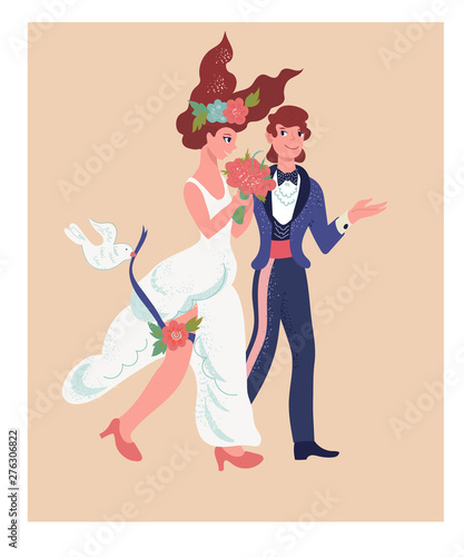 Wedding card with cartoon characters of bride and groom the vector illustration isolated on white background. Marriage loving couple in the template of wedding invitation or save the date design.