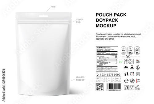 Pouch bags mockup with nutrition facts isolated on white background. Vector illustration. Front and rear views. Can be use for template your design, presentation, promo, ad. EPS10. photo