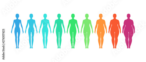 BMI concept. Female body mass index vector illustration. Body shapes from underweight to extremely obese