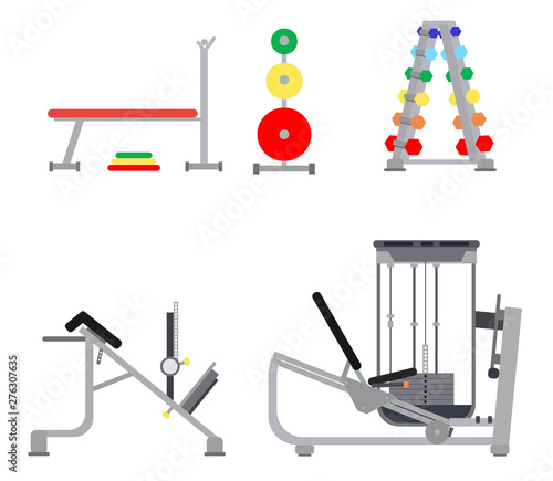 Color Set of simulators for the gym - bench press, the load for the rod, hyperextension, cardio, exercise for the legs.