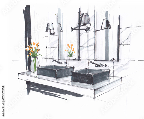 handmade sketch of a Luxury modern bathroom, two sinks with faucets and mirror, wall mounted lamps and flowers