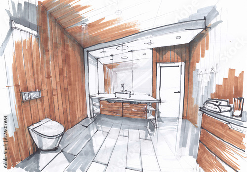 handmade sketch of a Luxury modern bathroom, sink with mirror, watercloset in tiled bathroom in grey and brown colors