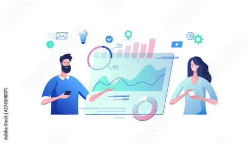 Young people with a virtual monitor. Concept of digital technology. Remote business process management. Vector illustration.