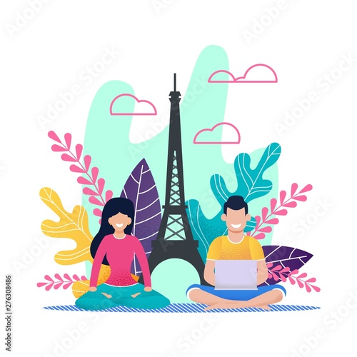 Cartoon Man Freelancer and Sport Woman on Vacation