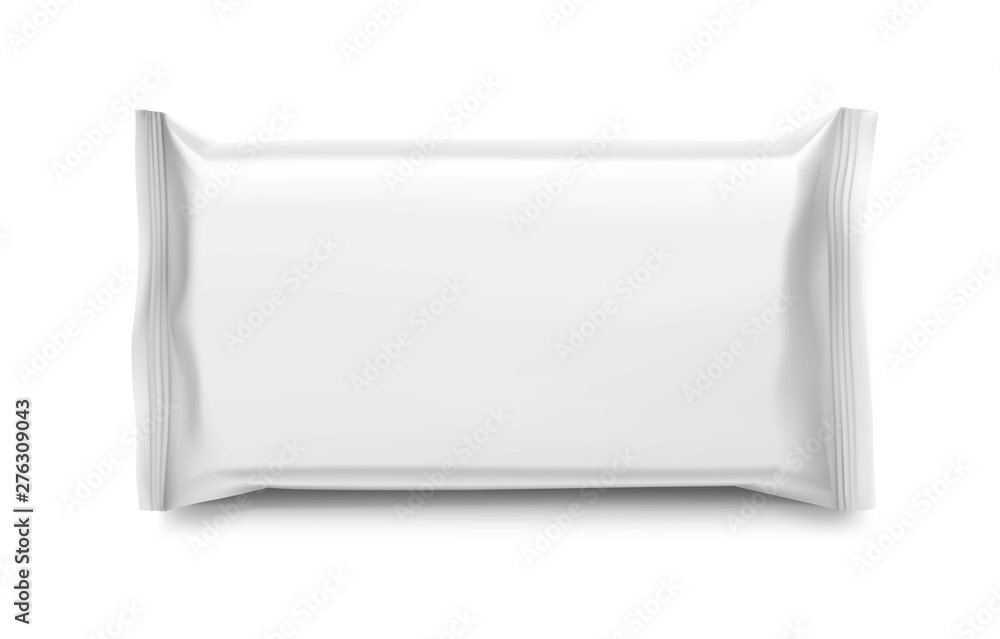 Realistic flow pack mockup. Front view. Vector illustration isolated on white background. Easy to use for presentation your product, idea, design. EPS10. Realistic flow pack mockup. Front view. Vector illustration isolated on white background. Easy to use for presentation your product, idea, design. EPS10.