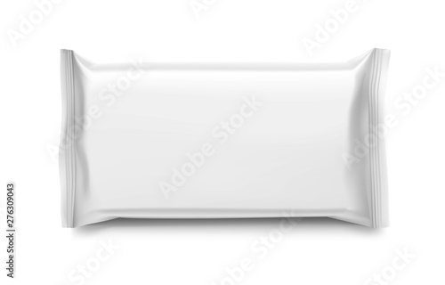 Realistic flow pack mockup. Front view. Vector illustration isolated on white background. Easy to use for presentation your product, idea, design. EPS10.	
