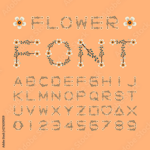 Isolated white flower font alphabet character with number and symbol, Vector floral wreath ivy style with branch and leaves.