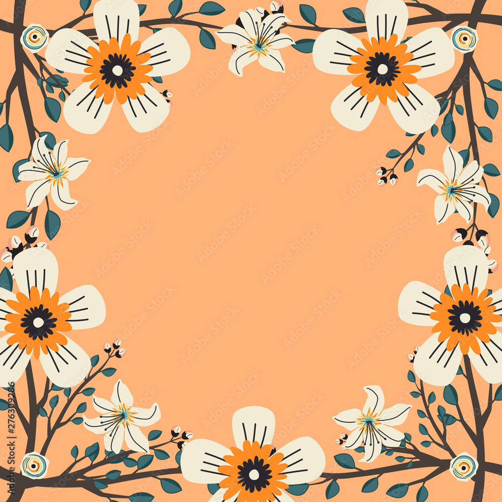Floral greeting card and invitation template for wedding or birthday anniversary, Vector circle shape of text box label and frame, White flowers wreath ivy style with branch and leaves. Floral greeting card and invitation template for wedding or birthday anniversary, Vector circle shape of text box label and frame, White flowers wreath ivy style with branch and leaves.