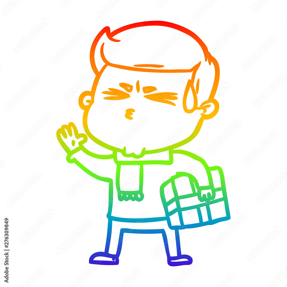 rainbow gradient line drawing cartoon man sweating