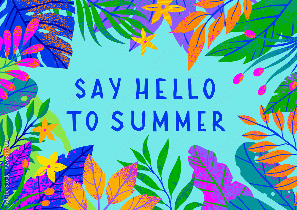 Obraz premium Summer vector illustration with bright tropical leaves,flowers and elements.Multicolor plants with hand drawn texture.Exotic background perfect for prints,flyers,banners,invitations,social media.