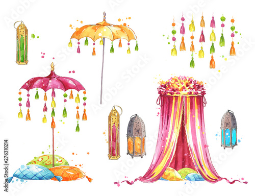 set of objects for a mehndi party, watercolor painting
