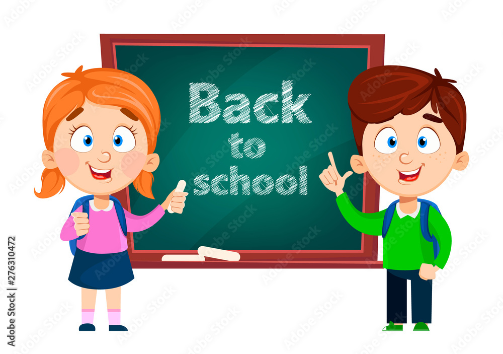 Cute boy and girl standing near blackboard Cute boy and girl standing near blackboard