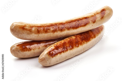 Papier peint Grilled German pork sausages, Thuringer Rostbratwurst, close-up, isolated on whi