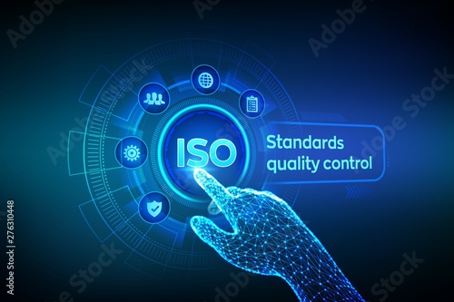 ISO standards quality control assurance warranty business technology concept. ISO standardization certification industry service concept. Robotic hand touching digital interface. Vector illustration.