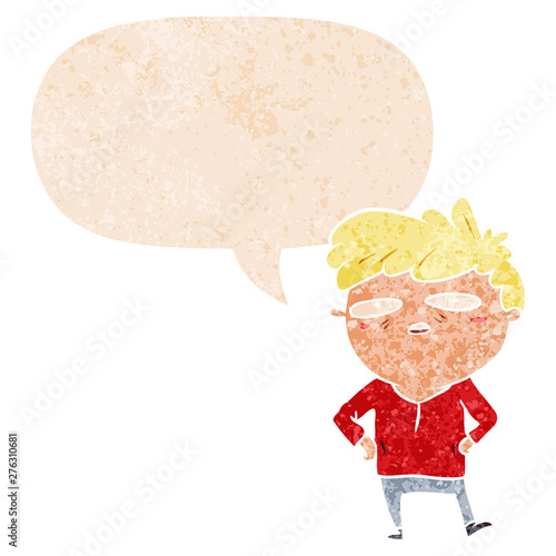 cartoon impatient man and speech bubble in retro textured style