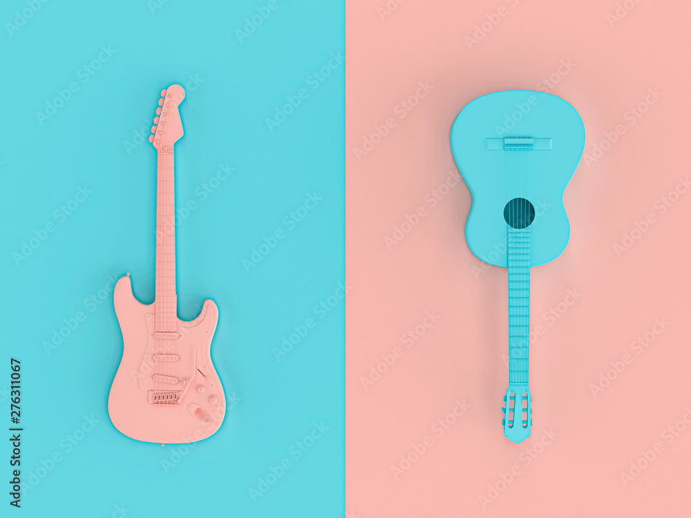 3d image render in style flat lay of two electric guitars 3d image render in style flat lay of two electric guitars