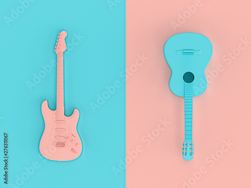 3d image render in style flat lay of two electric guitars