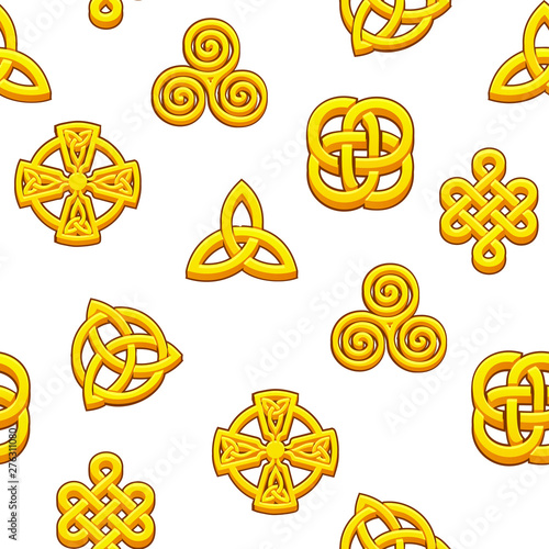 Seamless pattern Celtic symbols. Vector Golden celtic icons on white background.