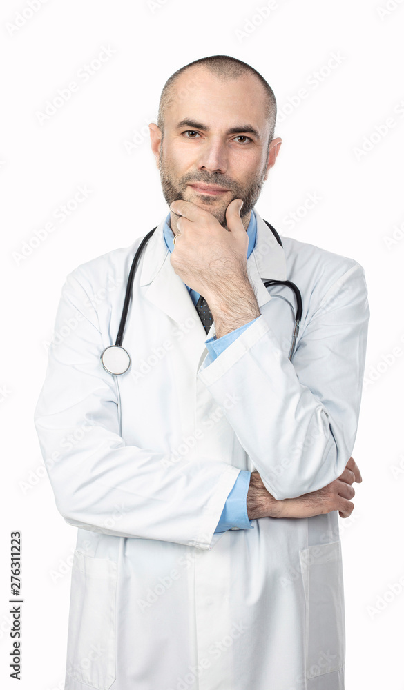 portrait of a doctor with a beard and a white coat with a calm and positive expression. portrait of a doctor with a beard and a white coat with a calm and positive expression.