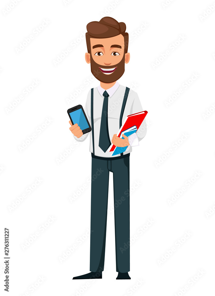 Handsome bearded businessman holding smartphone Handsome bearded businessman holding smartphone