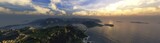 Beautiful sea bay at sunset, bay view from above, sunset over the lagoon, rocky bay at sunrise, 3d rendering