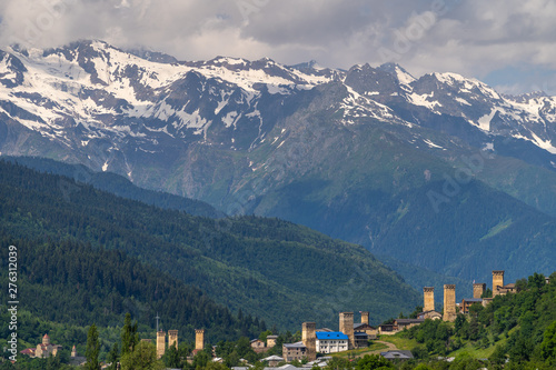 Traditional Svaneti watch tower in Mestia in summer season, Caucasus mountain range in Georgia