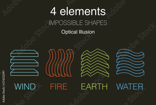 Nature infographic elements on dark background. Impossible shapes and optical illusion. Line symbols with air, fire, earth, water. Alternative energy sources and eco logo