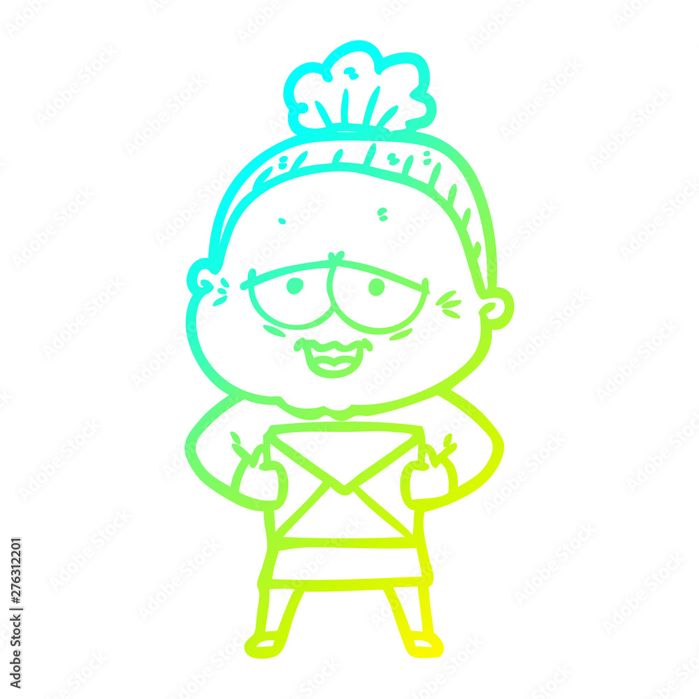 cold gradient line drawing cartoon happy old lady